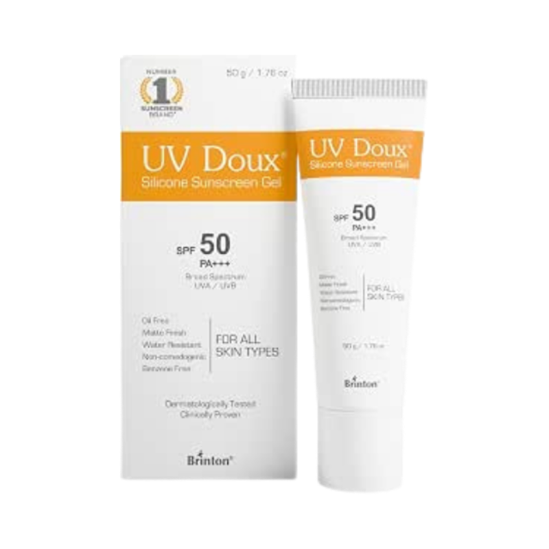 Brinton UV Doux Lightweight Sunscreen Gel with SPF 50 and PA+++ Broad Spectrum for Face & Body with No White Cast| Non Comedogenic, Paraben Free, Water Resistant | For All Skin Types, 50g