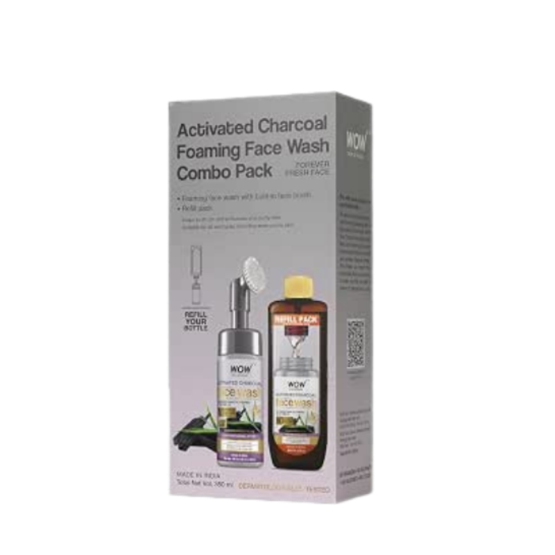 WOW Skin Science Activated Charcoal Foaming Face Wash Save Earth Combo Pack- Consist of Foaming Face Wash with Built-In Brush & Refill Pack - No Parabens, Sulphate, Silicones & Color - Net Vol. 350mL