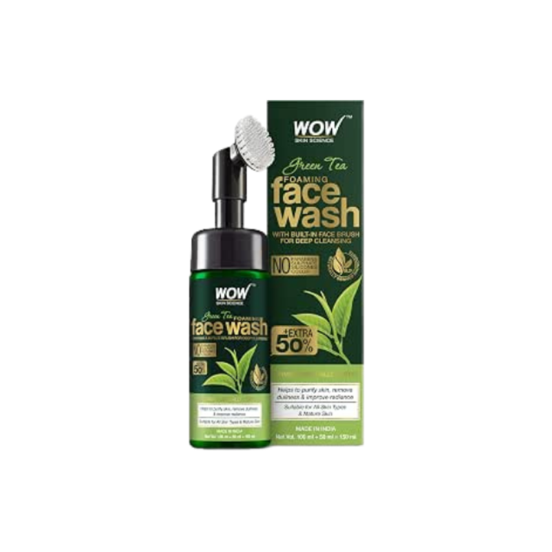 WOW Skin Science Green Tea Foaming Face Wash with Built-In Face Brush - With Green Tea & Aloe Vera Extract - For Purifying Skin, Improving Radiance - No Parabens, Sulphate, Silicones & Color - 100 ml
