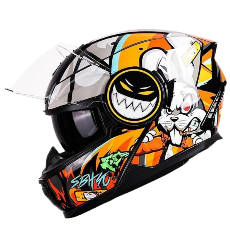 Steelbird Crazy Doe Bluetooth Full Face ISI Certified Motorcycling Helmet for Men with Inner Smoke Sun Shield|SBH-40 7Wings (Large 600 MM, Glossy Black Orange)