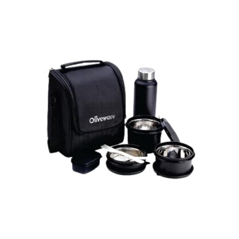 Oliveware Teso Lunch Box with Bottle Black | 3 Stainless Steel Containers and Pickle Box and Assorted Steel Bottle | Insulated Fabric Bag | Leak Proof Microwave Safe | Full Meal and Easy to Carry
