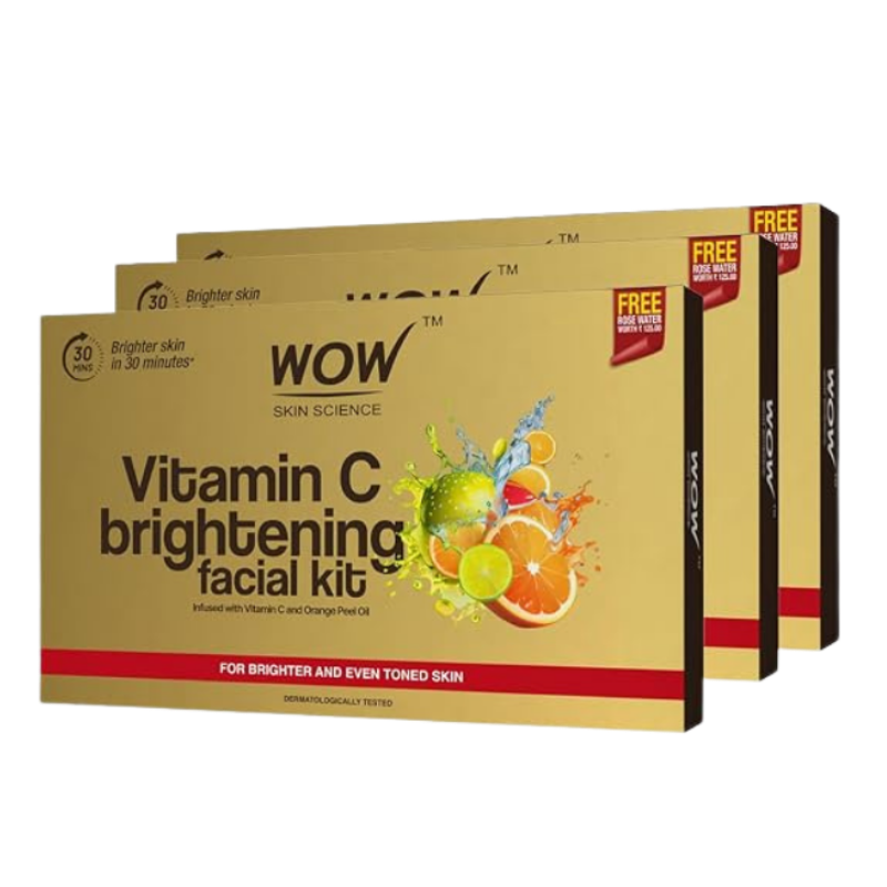 WOW Skin Science Vitamin C Brightening Facial Kit with Rose Water | For All Skin Types | 6 Easy Steps | For Brighter and Even Toned Skin |For Men & Women | 85ml | Pack of 3