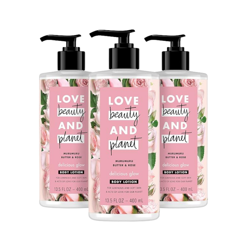Love Beauty and Planet Delicious Glow Body Lotion for Soft, Glowing Skin Murumuru Butter & Rose Natural Ingredients, Plant-Based Moisturizers, Vegan, Cruelty-Free, 13.5 Ounce (Pack of 3)