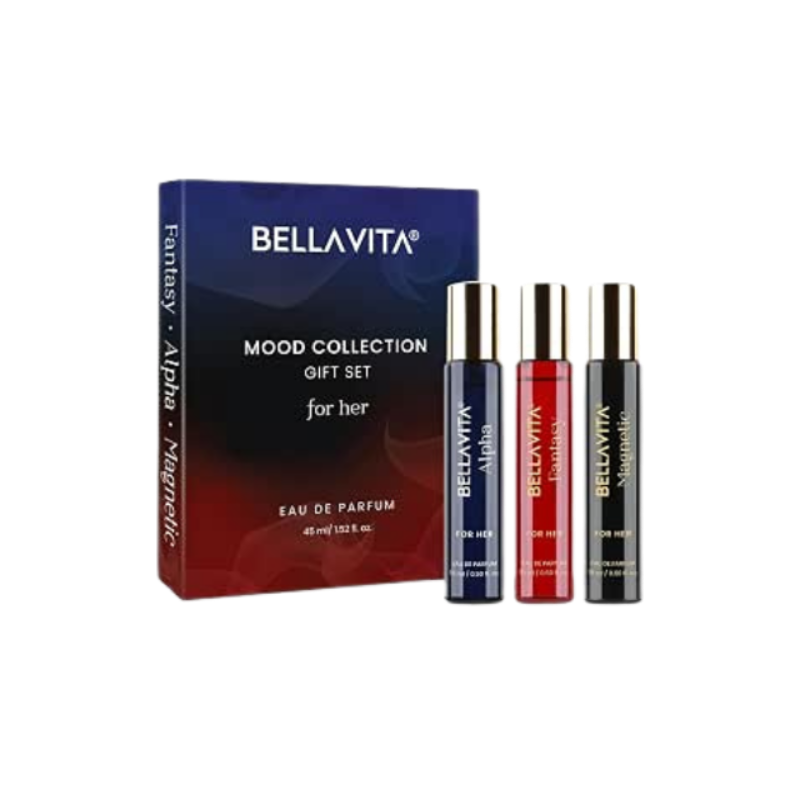 BELLAVITA Mood Collection Gift Set 3x15ML for Women | Alpha, Fantasy & Magnetic EDP Liquid Perfume | with Pink Pepper, Jasmine and Moss | Fruity, Floral Long Lasting Fragrance Scent