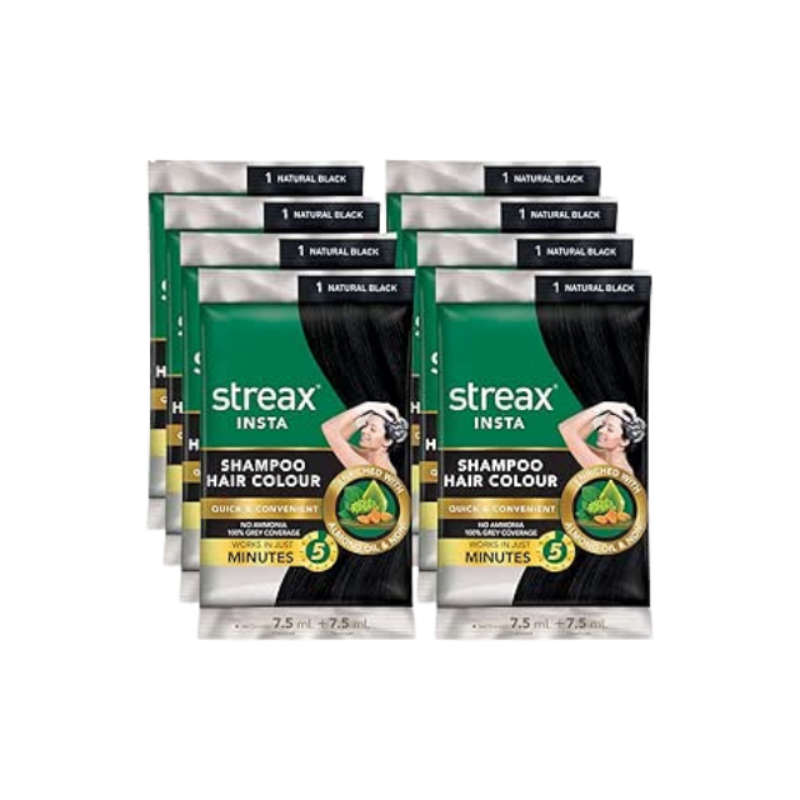 Streax Insta Shampoo Hair Colour for Men & Women | Enriched with Almond Oil & Noni Extracts | Long-Lasting Instant Colour | Natural Black | Pack of 8-15 ml Each