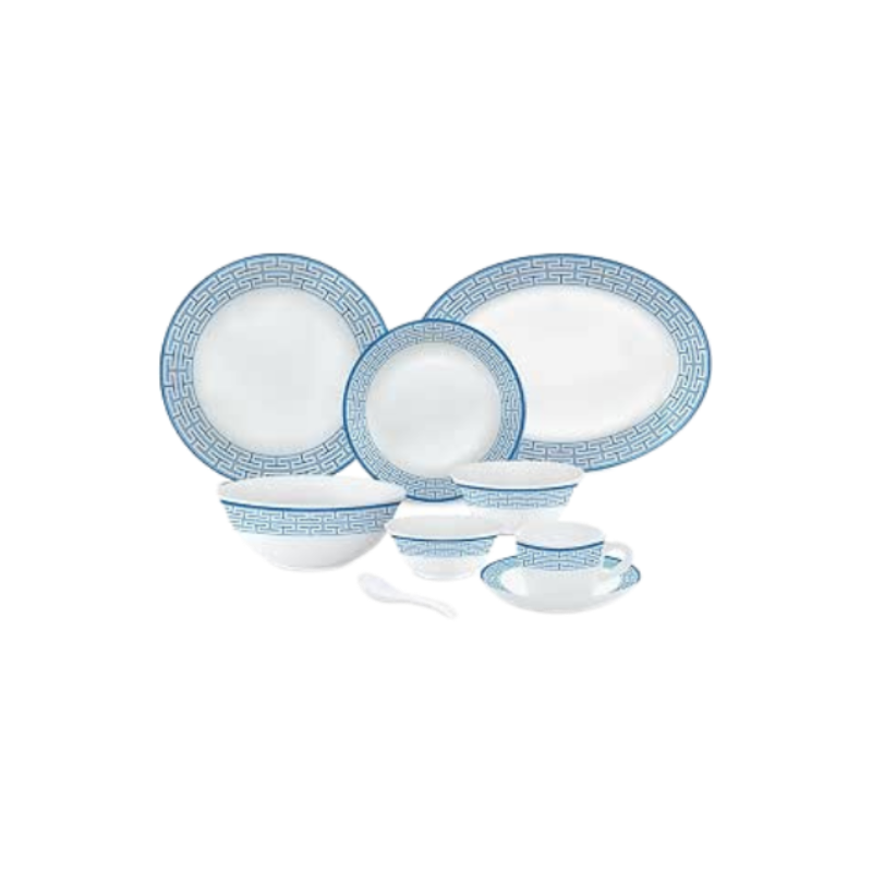 LARAH PLANO OPAL DINNER SET ZAHARA BLUE, 50DSPL01-BLUE, 50 PC SET (6 x Dinner plate, 6 x Side plate, 6 x Soup Bowl, 6 x Bowl, 6 x Cup, 6 x Saucer,12 x Soup spoon, 1 x Serving Bowl, 1 x Oval Platter)