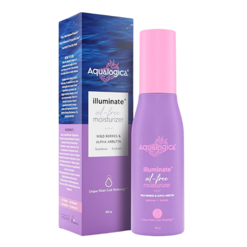 Aqualogica Illuminate Oil Free Face Moisturizer with Wild Berries & Alpha Arbutin for Bright, Even-Looking Skin | Lightweight Hydration with Hyaluronic Acid, Non-Greasy, Fast Absorbing Texture, 100g