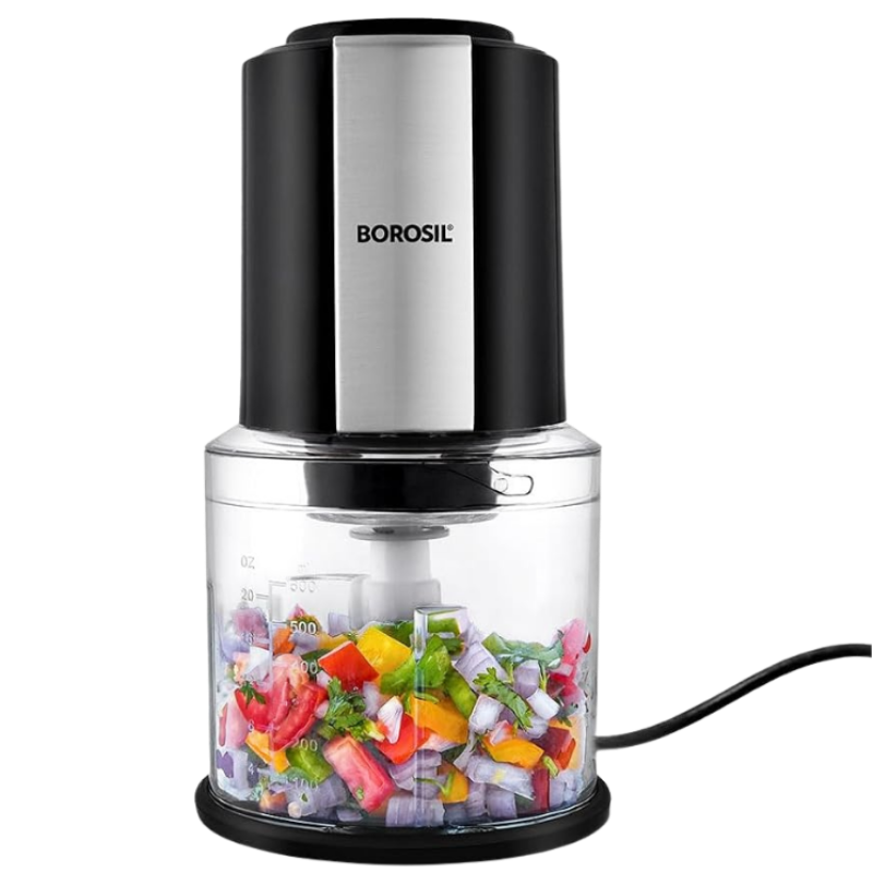 Borosil Chef Delite 300 Watts Electric Chopper for Kitchen Twin Blade Technology, 600 ml 'chop-n-store' plastic bowl with lid, Vegetable Chopper, Cutter, Chop, Mince, Dice, Whisk, Blend