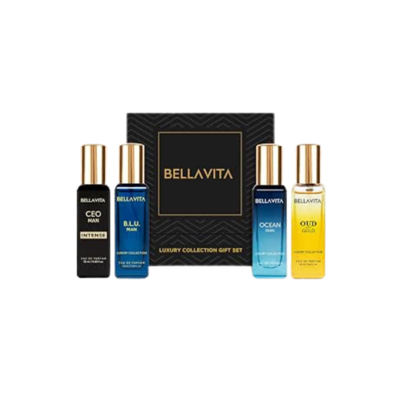 BellaVita Luxury Perfume Gift Set for Men | Includes OUD Gold, Ocean, B.L.U, & CEO Man Perfume | Long-Lasting Cologne Fragrance | Oud Perfume for Men | Premium Collection Perfumes – 4 x 20ml