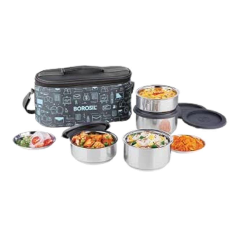 Borosil Carry Fresh Stainless Steel Lunchbox | 4pc Set (280 ml x 2 + 180 ml x 2) | Tiffin for Office, School & College with Food Grade Steel | Leakproof & Dishwasher Safe | 1 Year Warranty