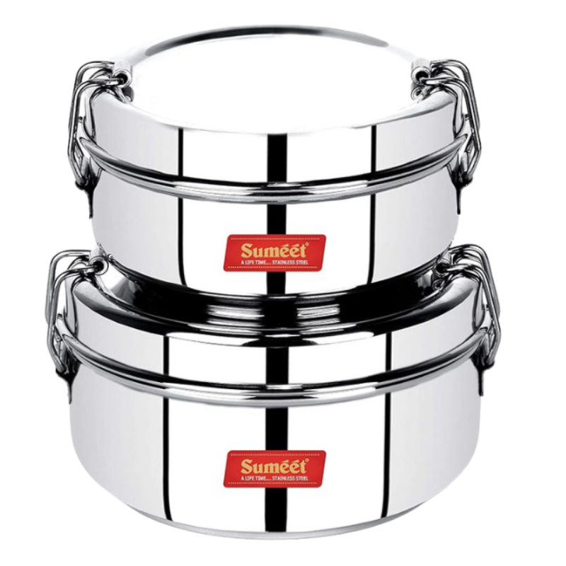 Sumeet Stainless Steel Food Pack Lunch Box with Steel Separator Plate and Locking Clip, Set of 2Pc, 500ML & 650ML Capacity
