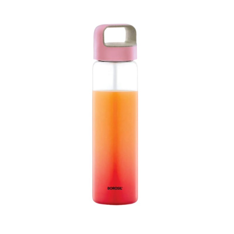Borosil Crysto Glass Water Bottle|Fridge Bottle|Sports Bottle|Yoga Bottle|Outdoor|Picnic|Easy to Carry|Leak Proof|Resusable Pink Lid and Handle,750 ML Transparent|Clear| See Through