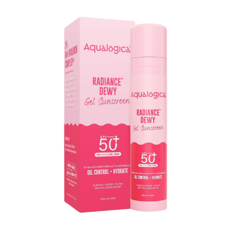 Aqualogica Radiance+ Sunscreen Gel SPF 50+ PA++++ | Broad Spectrum UVA & UVB Protection, Dewy Finish, Lightweight Oil-Free Gel, Hydrating, No White Cast, Non-Greasy & Fast Absorbing Texture, 50g