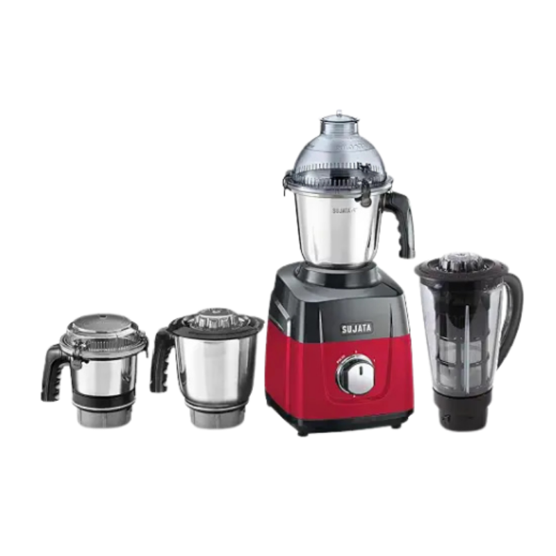 Sujata MG03 Mixer Grinder |1000 Watts Double Ball Bearing Motor|24000 RPM|Non-Stop 90 Mins Running|4 Jars including 1750ml Blender with Coconut Milk Extractor, 1500ml, 1000ml, 500ml Jar| Red & Black