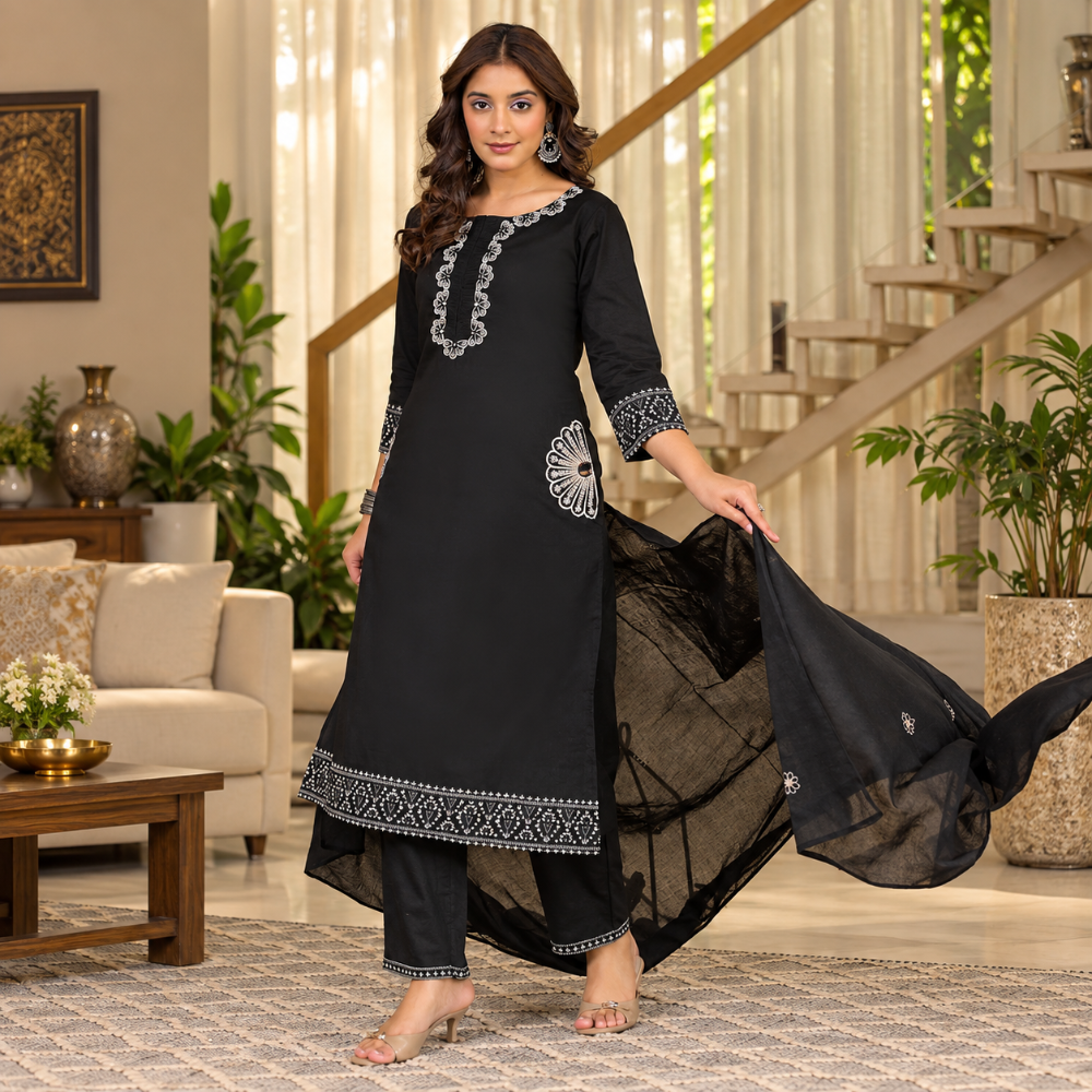 Black cotton 3 piece salwar set